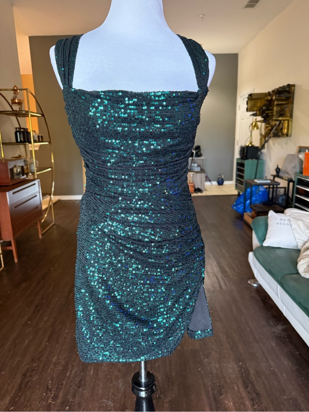 Lucy In the Sky Los Angeles Emerald Green Sequin Square-Neck Mini Dress- Small